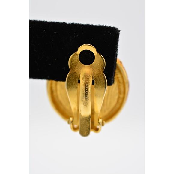 Givenchy Cabochon Clip On Earrings Round Brushed Antiqued Gold Chunky Signed 9D - Picture 9 of 12